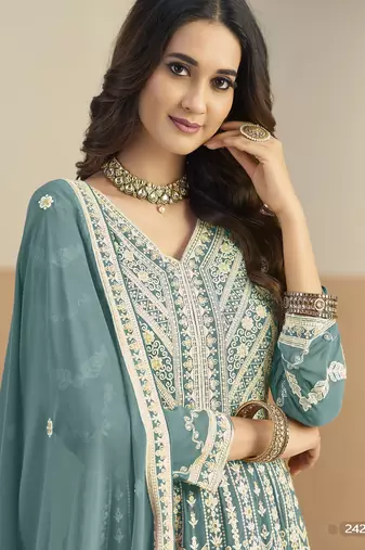 Light blue heavy emroidered faux georgette anarkali suit with salwar