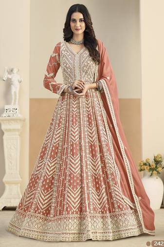 Light orange heavy emroidered faux georgette semi stitched anarkali suit with salwar