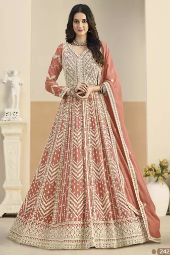 Light orange heavy emroidered faux georgette semi stitched anarkali suit with salwar