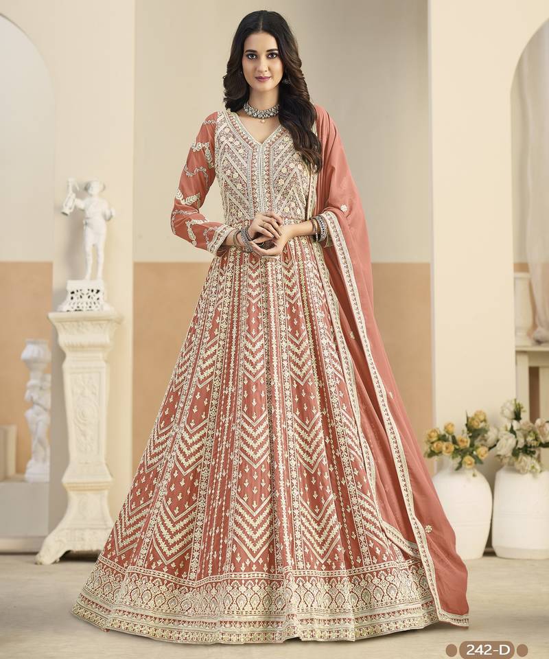 Light orange heavy emroidered faux georgette semi stitched anarkali suit with salwar