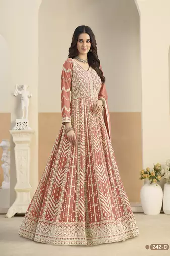 Light orange heavy emroidered faux georgette anarkali suit with salwar