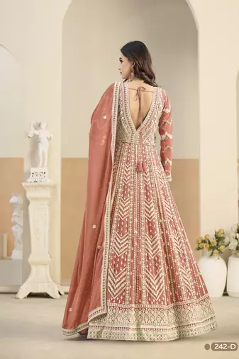 Light orange heavy emroidered faux georgette anarkali suit with salwar