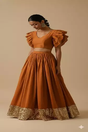 Rust Orange Lehenga Set with Ruffle Sleeve Blouse