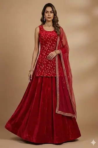 Red Embroidered Lehenga Set with Sheer Dupatta