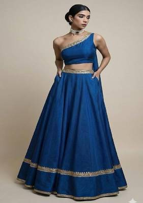 royal blue art silk one shoulder lehenga set with gold accents 1