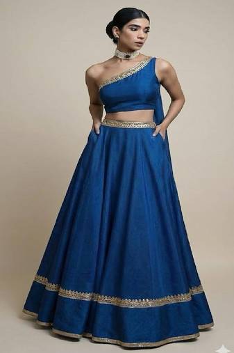 royal blue art silk one shoulder lehenga set with gold accents