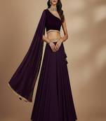 Deep Plum One-Shoulder Lehenga with Gold Hem