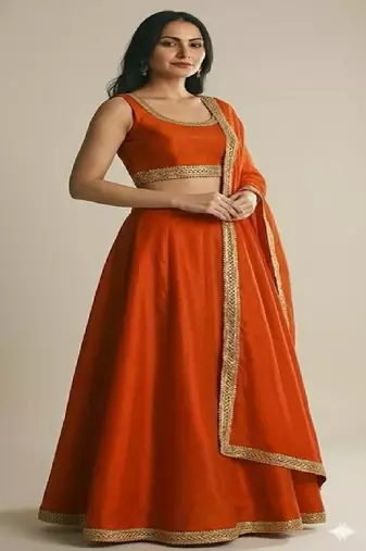 Burnt Orange Silk Lehenga Set with Gold Border Dupatta