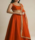 Burnt Orange Silk Lehenga Set with Gold Border Dupatta