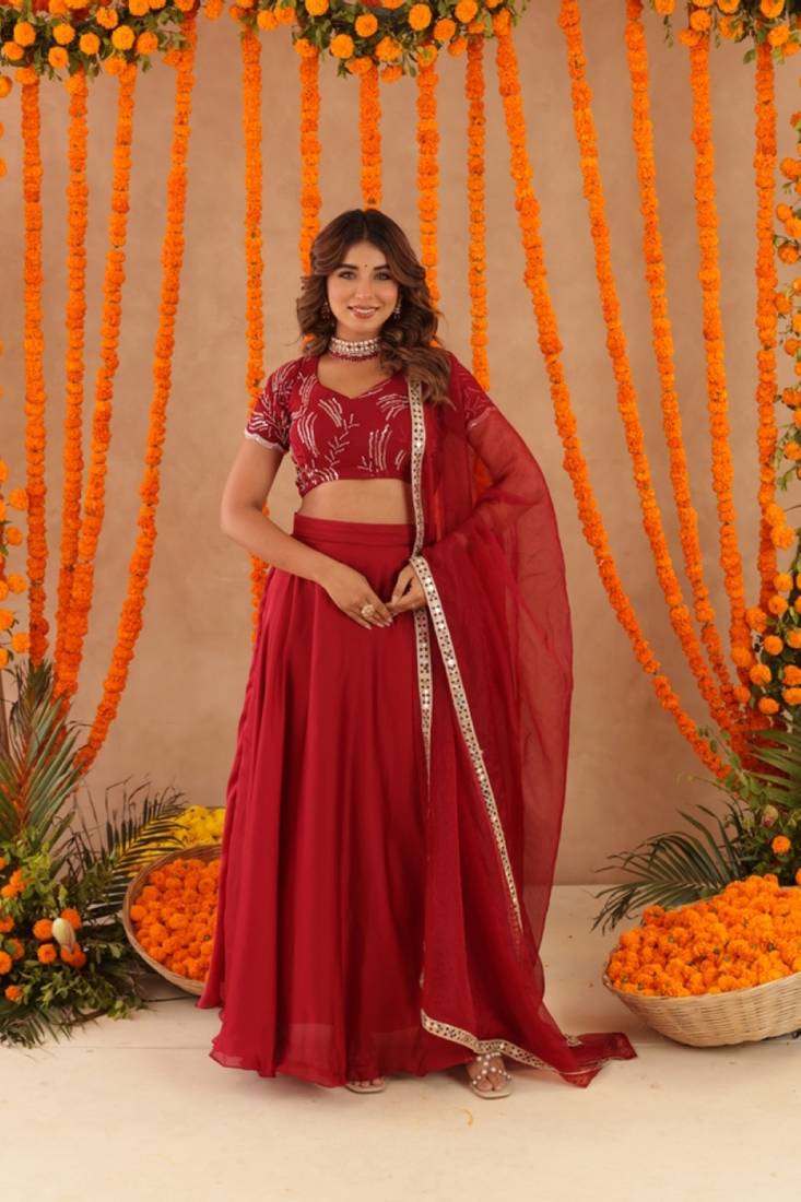 RASHA RED DETAILED LEHENGA SET