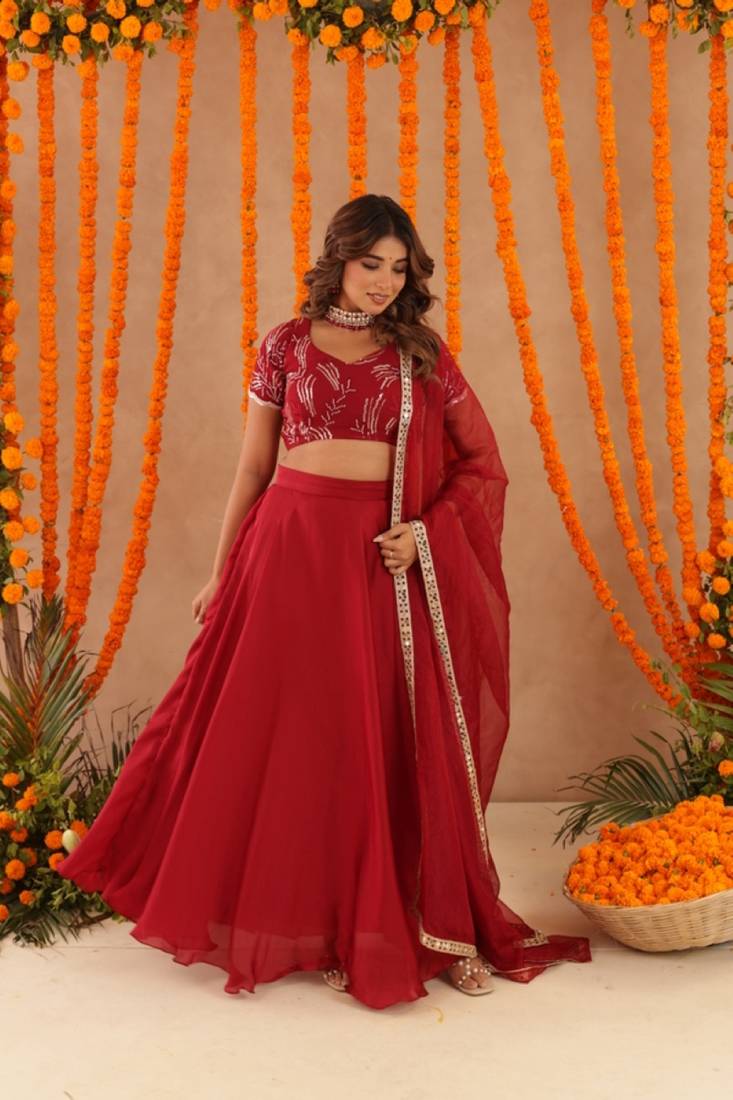 RASHA RED DETAILED LEHENGA SET