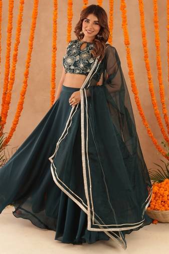 green festive silk swara lehenga set for women