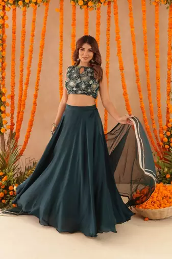 green festive silk swara lehenga set for women