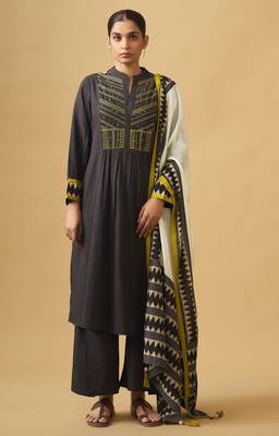 Coffee embroidered cotton kurta set with printed dupatta 1