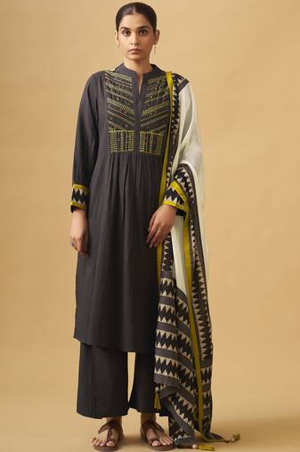Coffee embroidered cotton kurta set with printed dupatta