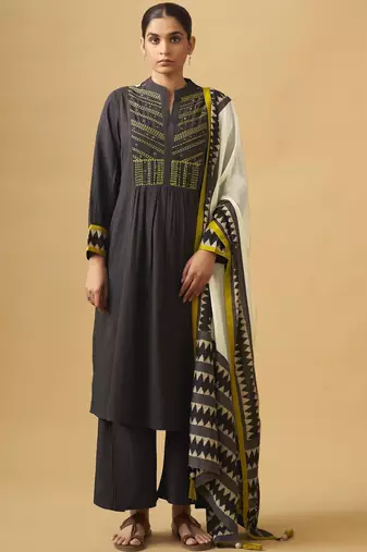 Coffee embroidered cotton kurta set with printed dupatta