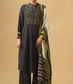 Coffee embroidered cotton kurta set with printed dupatta