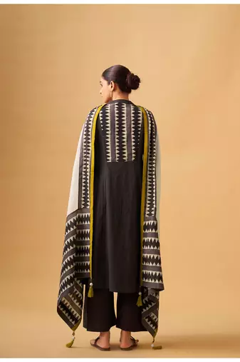 Coffee embroidered cotton kurta set with printed dupatta
