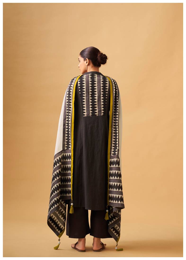 Coffee embroidered cotton kurta set with printed dupatta