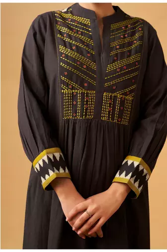 Coffee embroidered cotton kurta set with printed dupatta