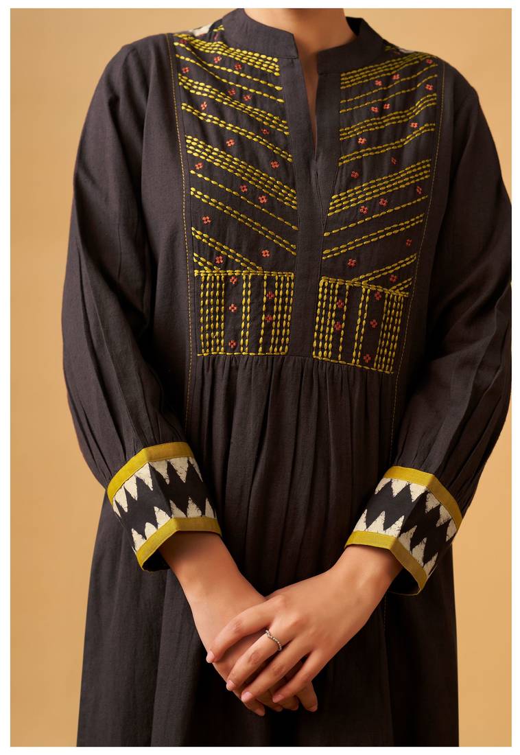 Coffee embroidered cotton kurta set with printed dupatta