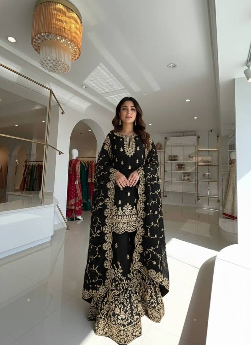 Black Gimmy Silk Embroidery Work Wedding wear palazzo Set