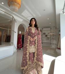 Coffee Gimmy Silk Embroidery Work Wedding wear palazzo Set