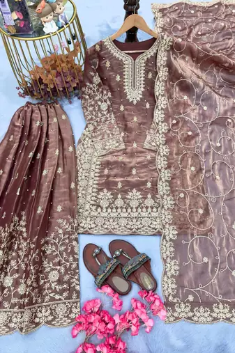 Coffee Gimmy Silk Embroidery Work Wedding wear palazzo Set