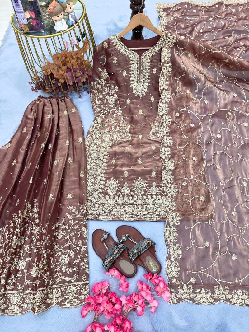 Coffee Gimmy Silk Embroidery Work Wedding wear palazzo Set