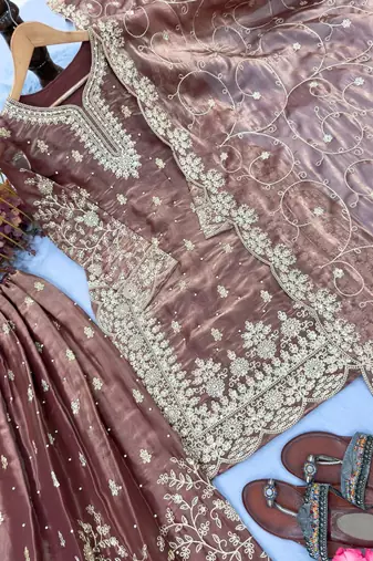 Coffee Gimmy Silk Embroidery Work Wedding wear palazzo Set