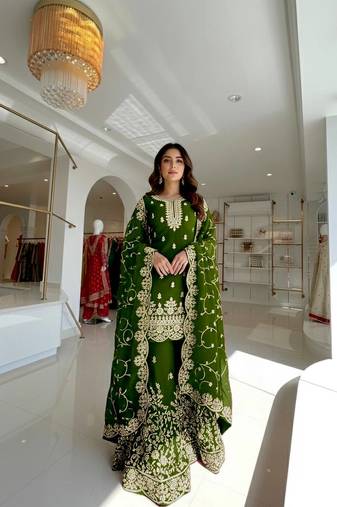 Green Gimmy Silk Embroidery Work Wedding wear palazzo Set