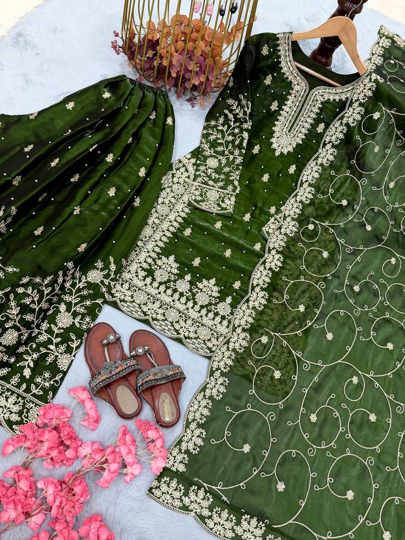 Green Gimmy Silk Embroidery Work Wedding wear palazzo Set