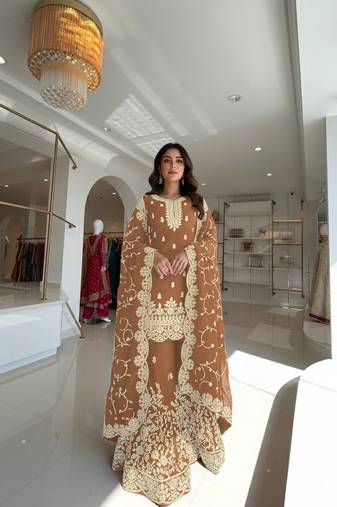 Peach Gimmy Silk Embroidery Work Wedding wear palazzo Set