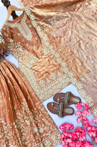 Peach Gimmy Silk Embroidery Work Wedding wear palazzo Set