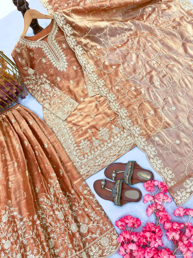 Peach Gimmy Silk Embroidery Work Wedding wear palazzo Set