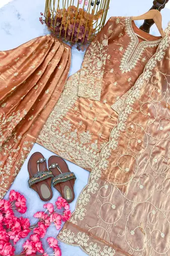Peach Gimmy Silk Embroidery Work Wedding wear palazzo Set