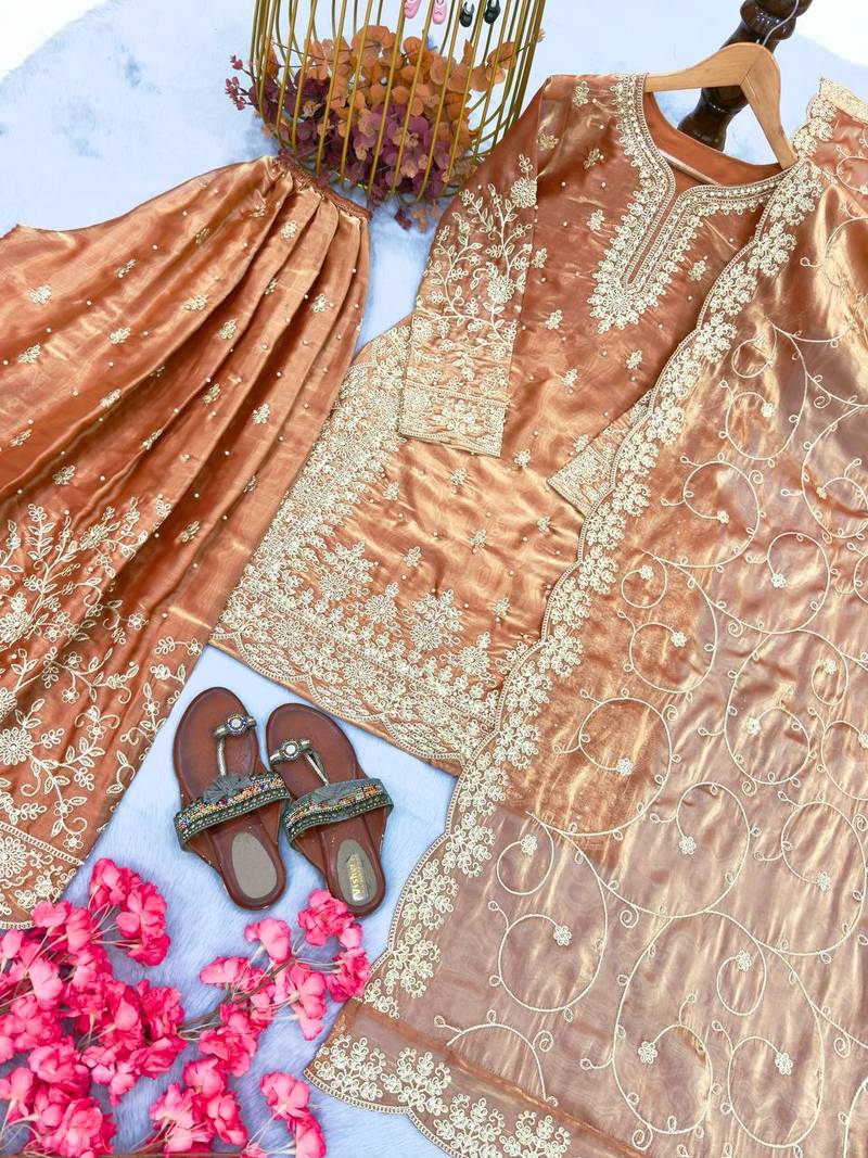 Peach Gimmy Silk Embroidery Work Wedding wear palazzo Set