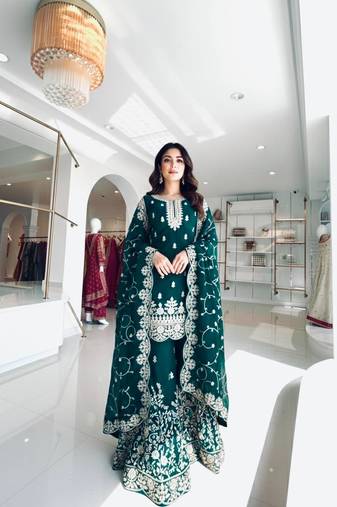 Teal Gimmy Silk Embroidery Work Wedding wear palazzo Set