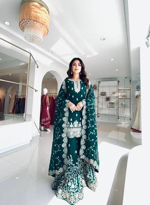 Teal Gimmy Silk Embroidery Work Wedding wear palazzo Set 1
