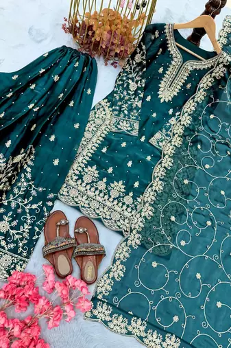 Teal Gimmy Silk Embroidery Work Wedding wear palazzo Set