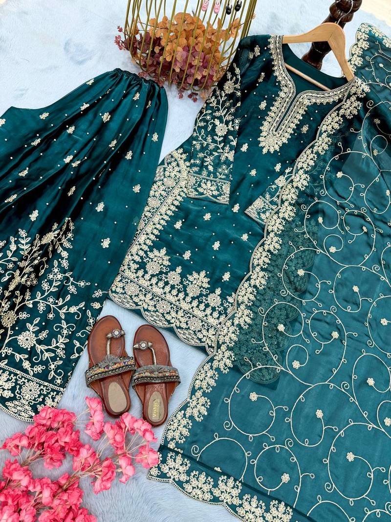 Teal Gimmy Silk Embroidery Work Wedding wear palazzo Set