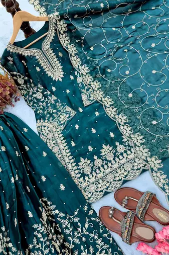 Teal Gimmy Silk Embroidery Work Wedding wear palazzo Set