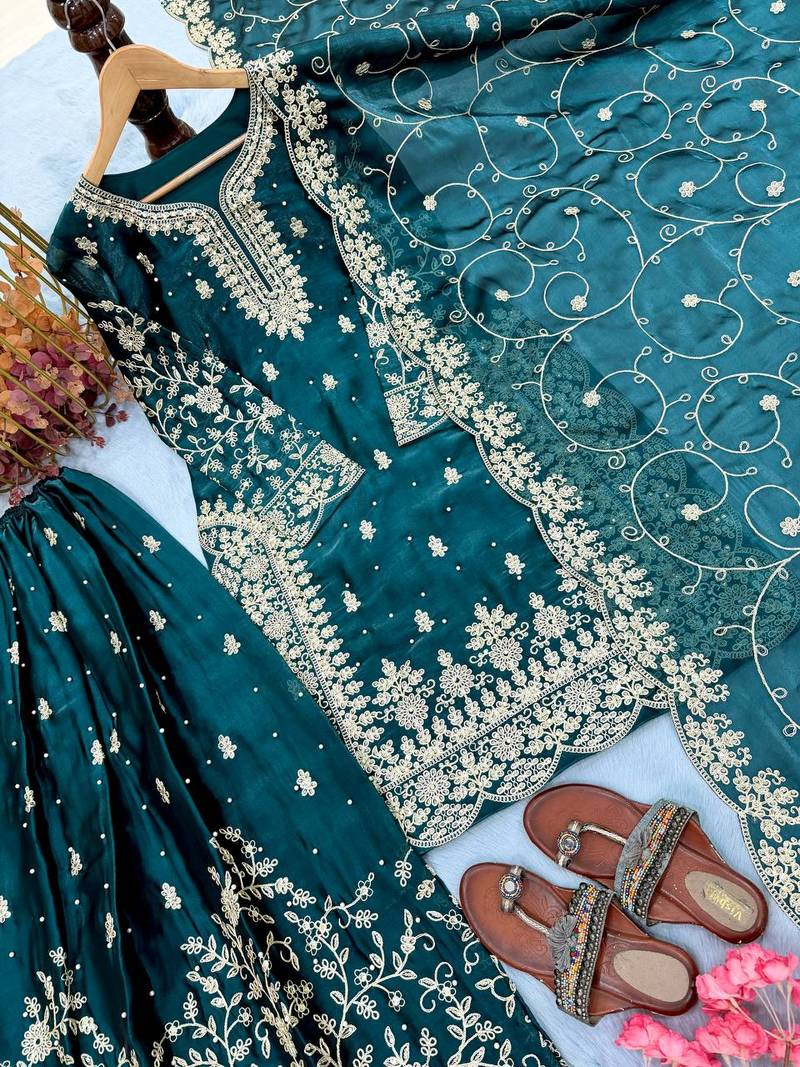 Teal Gimmy Silk Embroidery Work Wedding wear palazzo Set