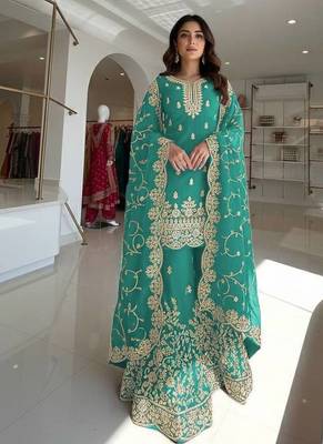 Turquoise Gimmy Silk Embroidery Work Wedding wear palazzo Set 1