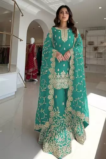 Turquoise Gimmy Silk Embroidery Work Wedding wear palazzo Set