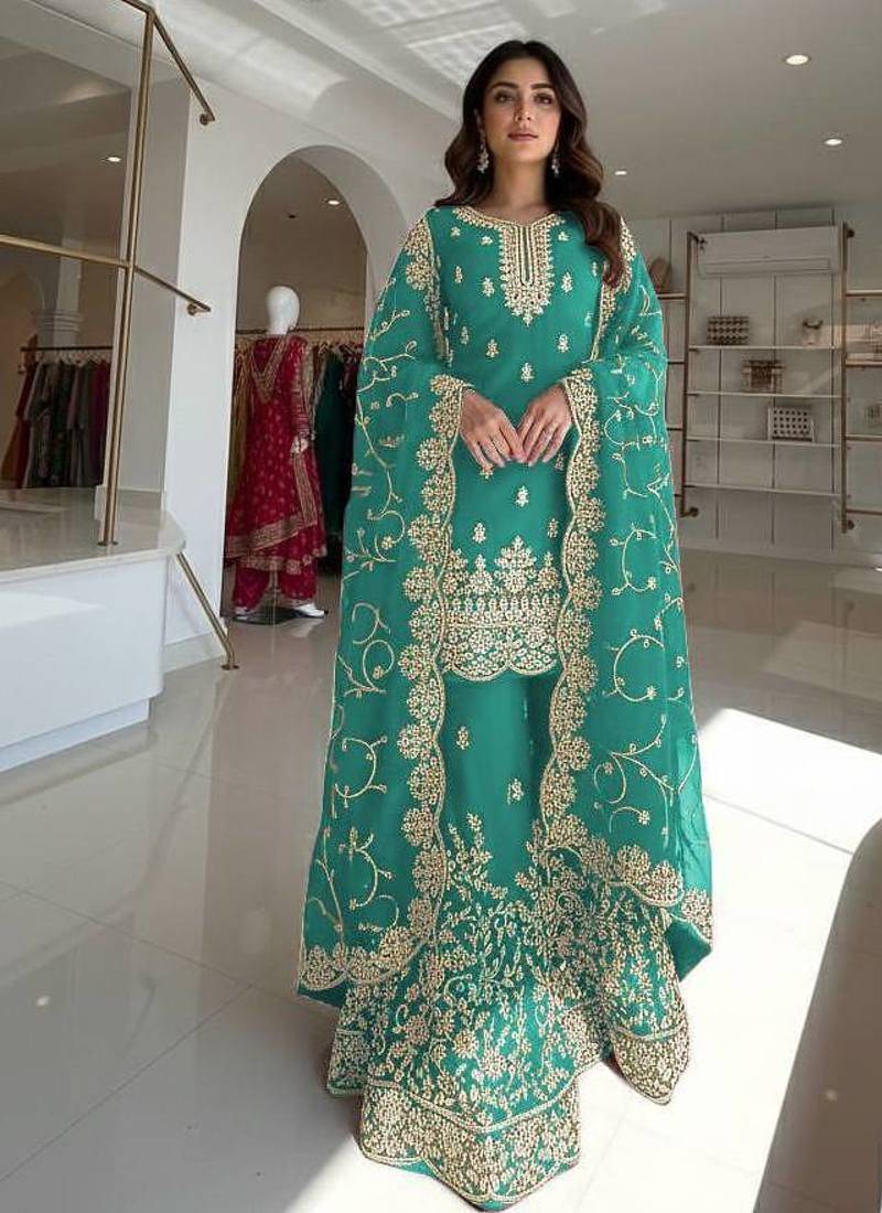 Turquoise Gimmy Silk Embroidery Work Wedding wear palazzo Set