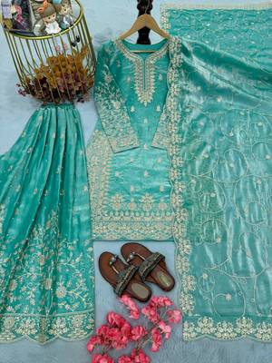 Turquoise Gimmy Silk Embroidery Work Wedding wear palazzo Set 2