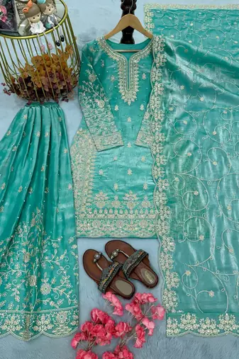 Turquoise Gimmy Silk Embroidery Work Wedding wear palazzo Set