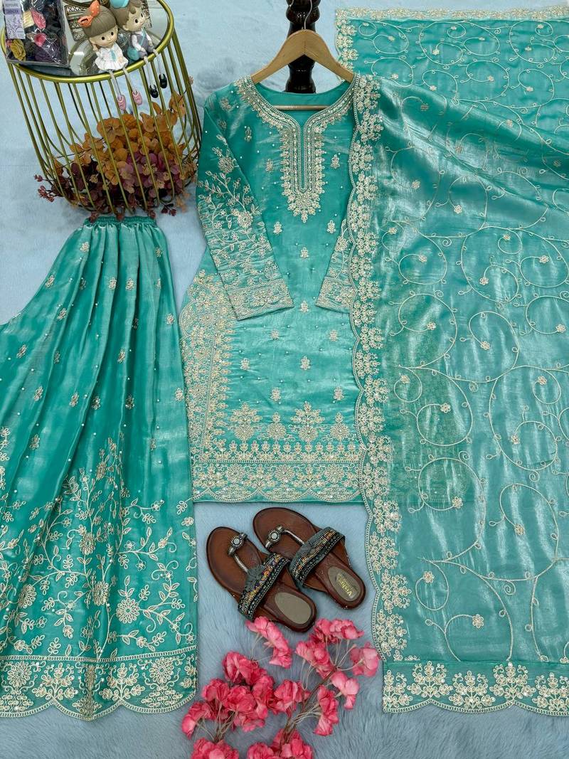 Turquoise Gimmy Silk Embroidery Work Wedding wear palazzo Set