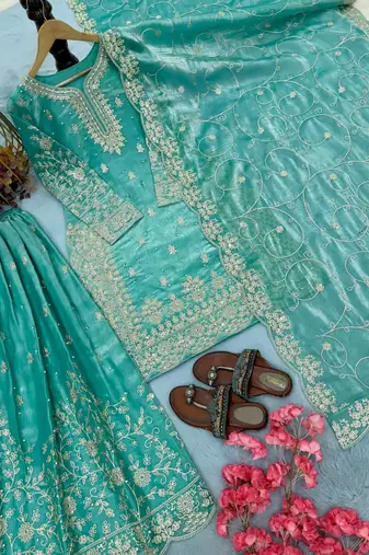 Turquoise Gimmy Silk Embroidery Work Wedding wear palazzo Set
